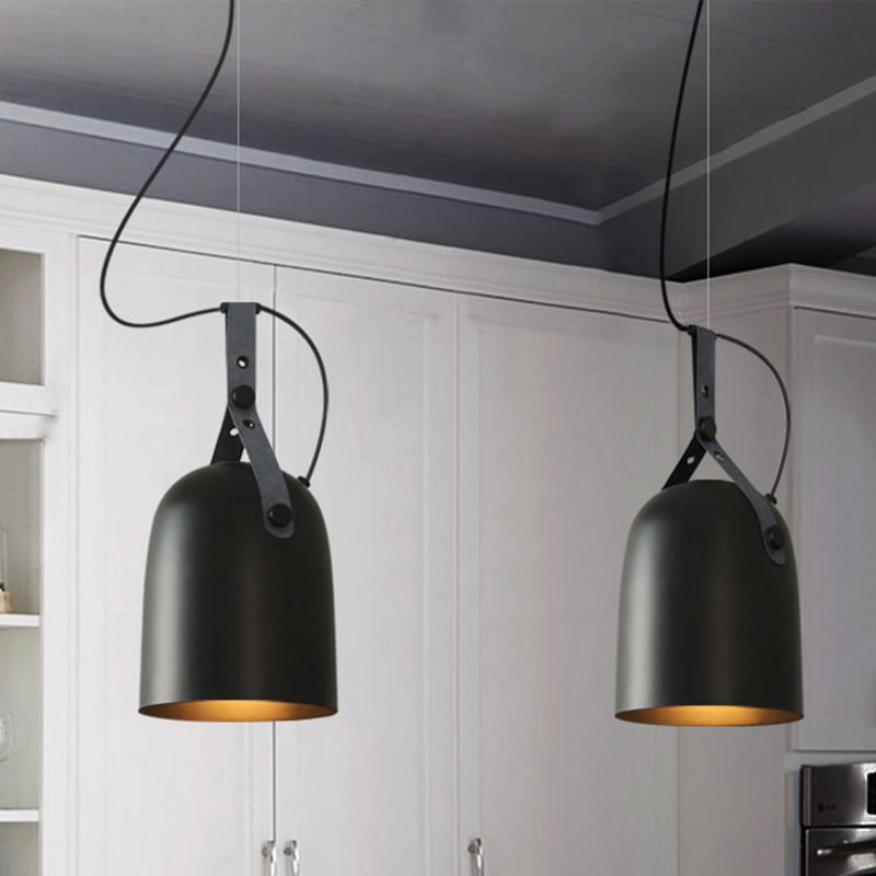 7"/9.5" Dia 1 Light Dome Hanging Lamp Industrial Style Black/Silver/Copper Metal Pendant Lighting with Leather Strap