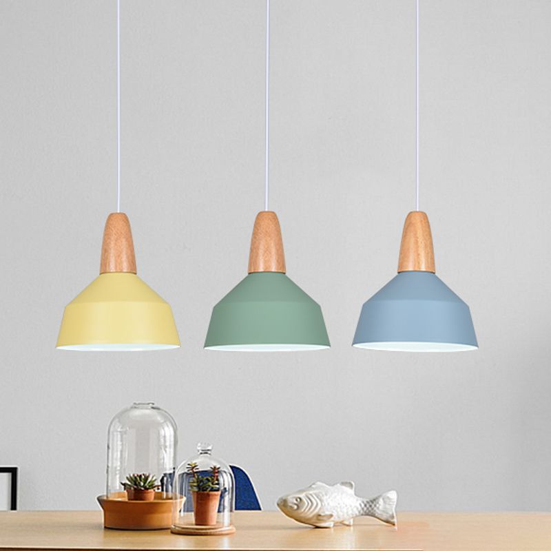 Barn Dining Room Pendant Lighting Aluminum 1 Bulb Macaron Ceiling Hang Lamp in Green/Grey/Pink with Wood Grip