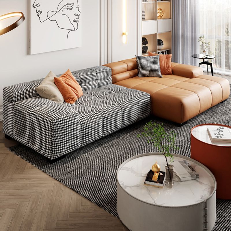 Modern Leather and Fabric Sectional Square Arm Sectional with Pillows