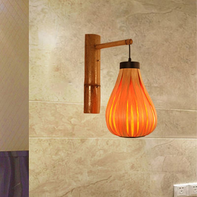 Yellow Teardrop Shade Wall Mounted Lamp Modernist 1 Light Wood Veneer Wall Sconce for Foyer