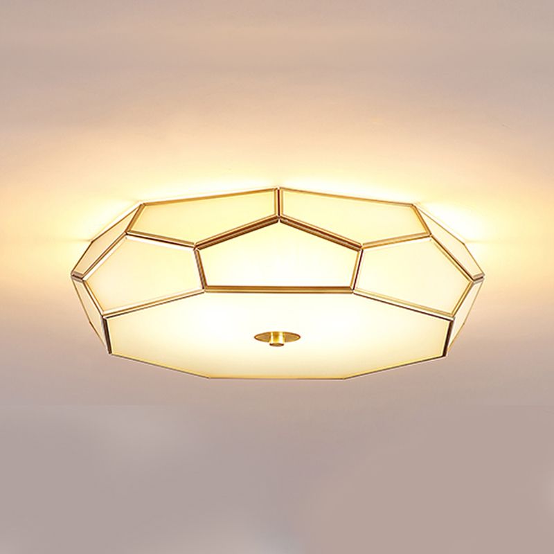 Colonial Style Geometric Ceiling Fixture Copper Flush Mount with Frosted Glass Shade
