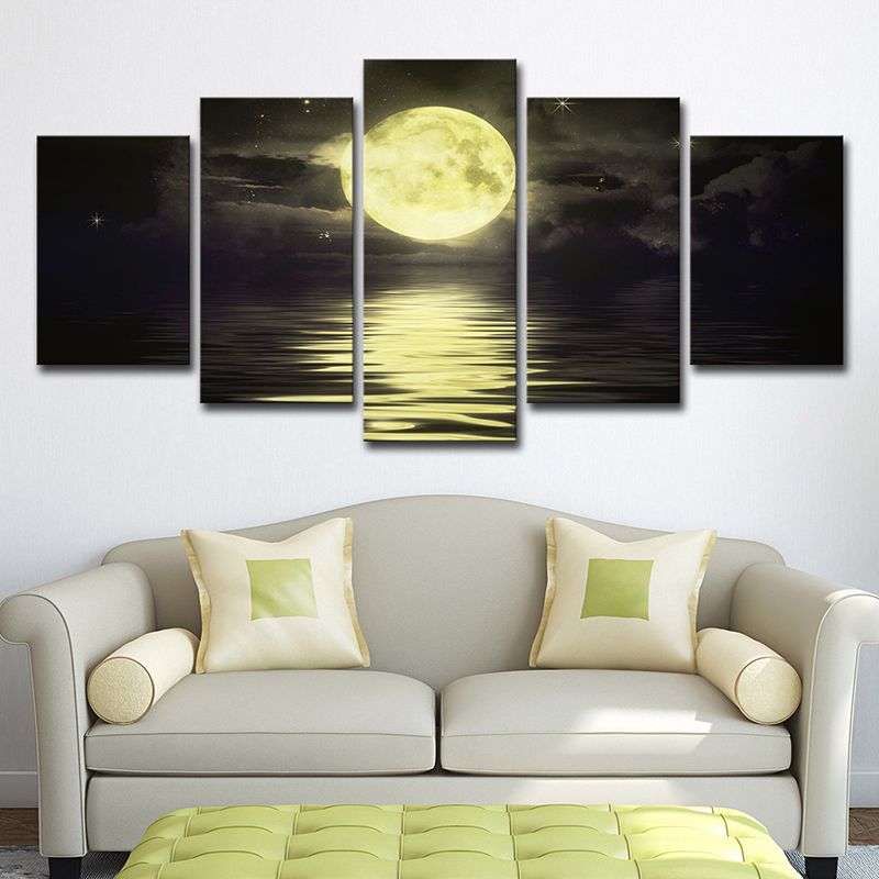 Super Moon over Ocean Art Print Modernist Multi-Piece Canvas in Yellow for Living Room
