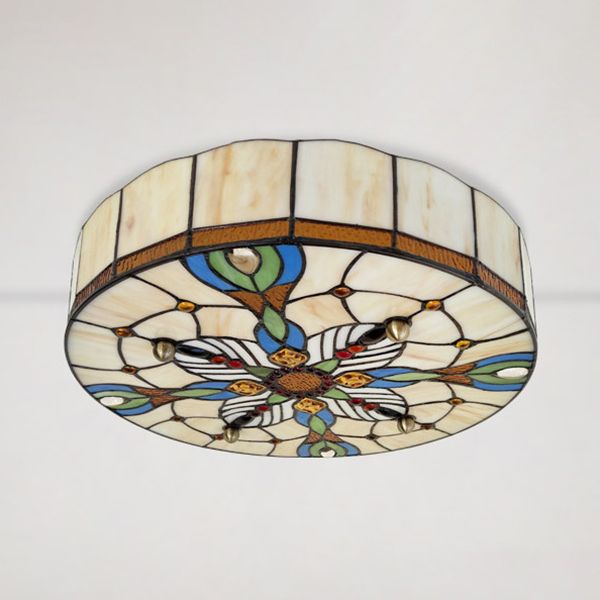 16"/19.5" Wide Drum Flush Ceiling Light Tiffany Lodge Stained Glass Shade Flush Mount Light in Beige for Dining Room