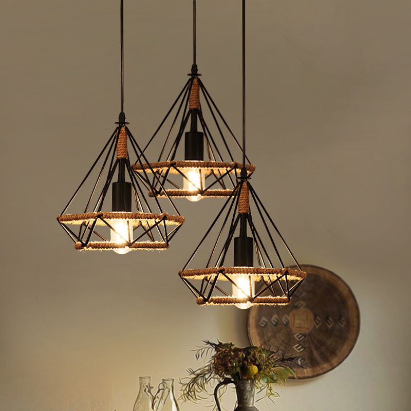Industrial Stylish Diamond Cage Pendant Lamp 3 Lights Metal and Rope Hanging Lamp with Round/Linear Canopy in Black