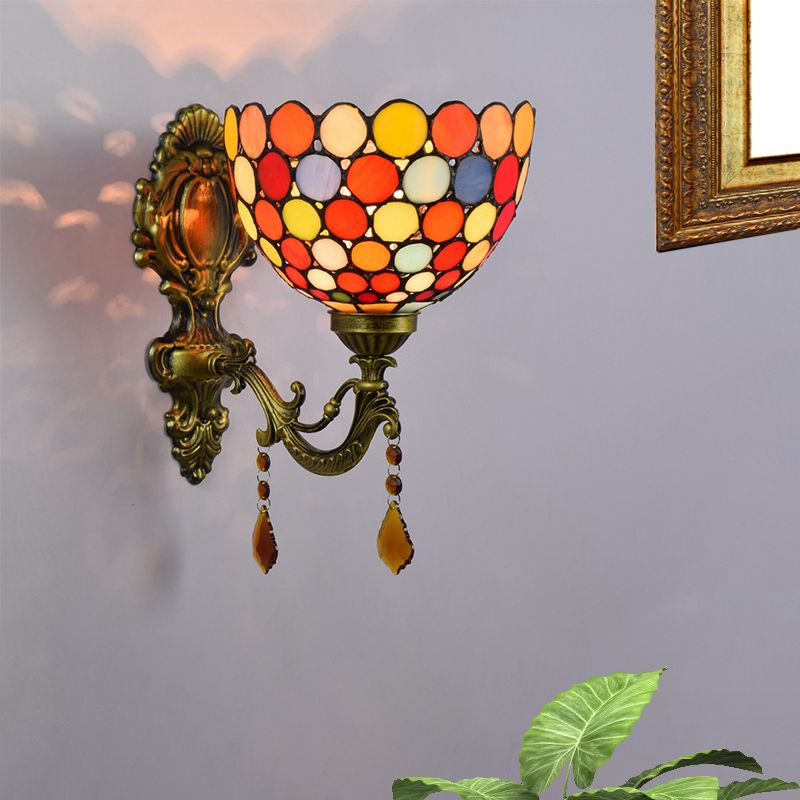Stained Glass Circles Bowl Wall Light Tiffany Single-Bulb Brass Sconce Lighting Fixture with Drops