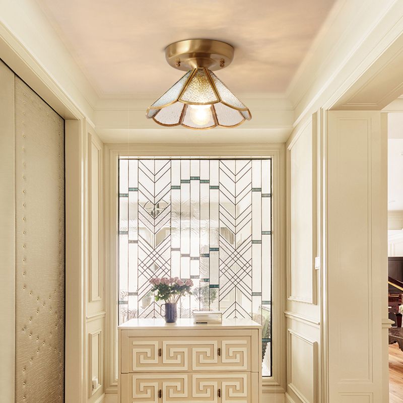 Brass Ceiling Light Fixture Vintage Glass Scalloped Semi Flush Mount Light