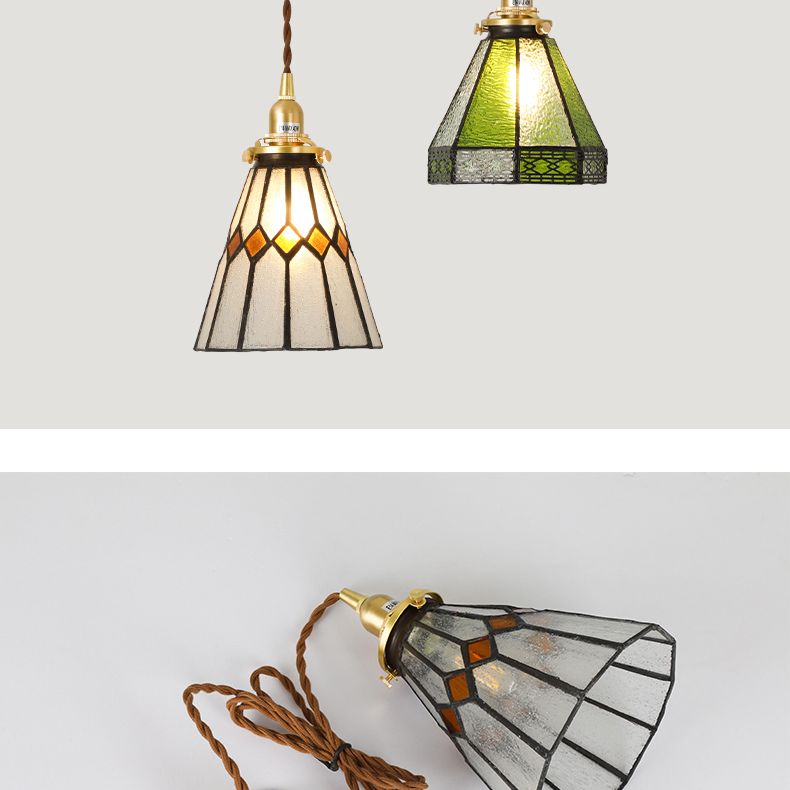 Stained Glass Shade Tiffany Hanging Light Brass Bedroom Mini Pendant Lamp with 63" Hanging Wire