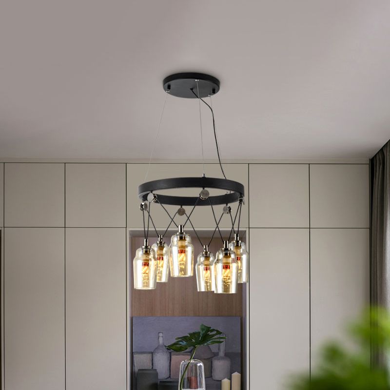 Cocktail 6-Light Shaker Chandelier Loft Black Clear Glass Suspension Pendante