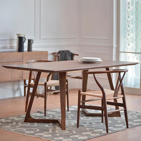 Rectangular Solid Wood Dining Table Modern Brown Furniture with Double Pedestal for Indoor