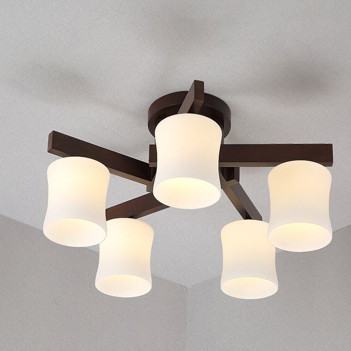 Chinese Style Wooden Semi Flush Mount Lighting White Acrylic Shade Ceiling Lamp for Dining Room
