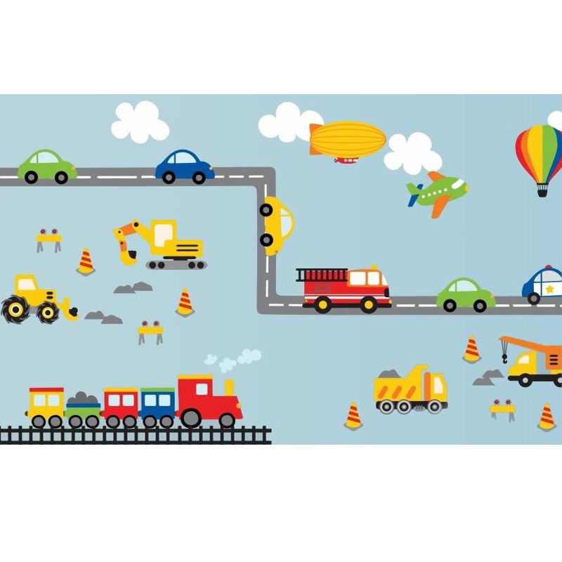 Cartoon Transportation Mural Wallpaper Blue Vehicles Pattern Wall Covering for Room