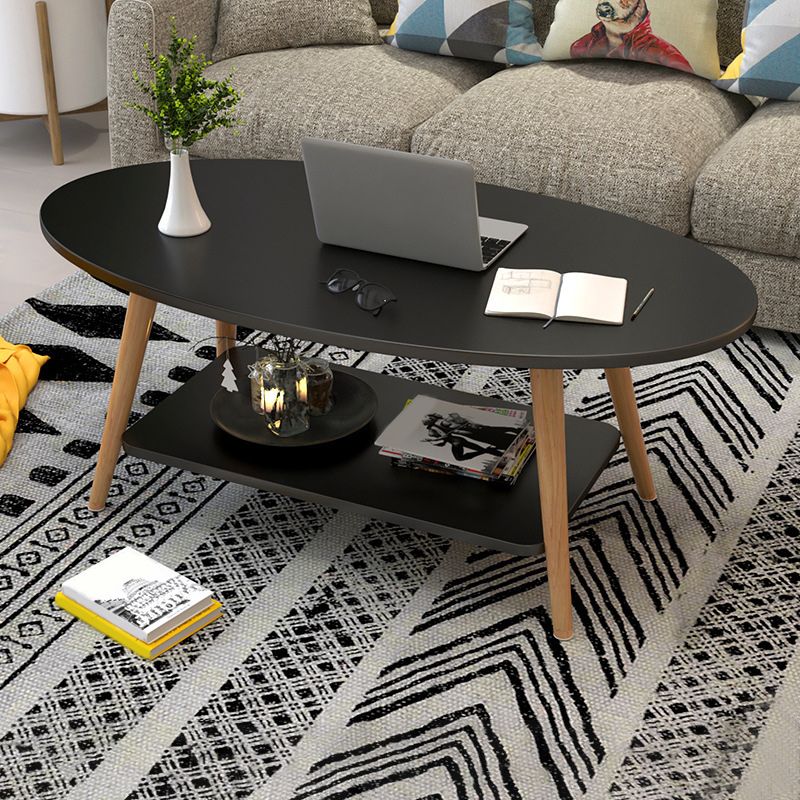 Modern Oval Solid Wood Coffe Table with Storage Shelf and 4 Legs