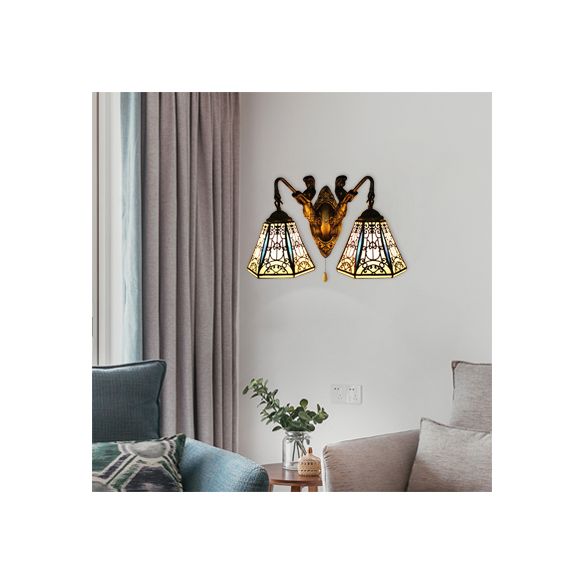 Flared Sconce Light Baroque Black-White Glass 2 Heads Antique Brass Wall Mount Light with Pull Chain