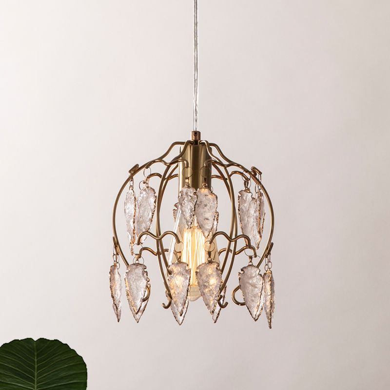 Crystal Flowerbud Pendulum Light Vintage Single Bedside Suspension Pendant in Antiqued Brass