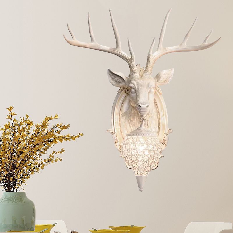 White/Beige/Yellow Deer Wall Lighting Rustic Resin 1 Light Living Room Sconce Lamp with Droplet Crystal Shade