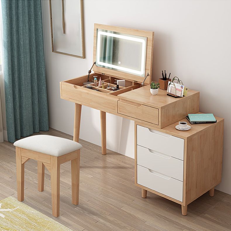 Modern Rubberwood Dressing Table Set with Stool 1-Mirror Wood Vanity Table