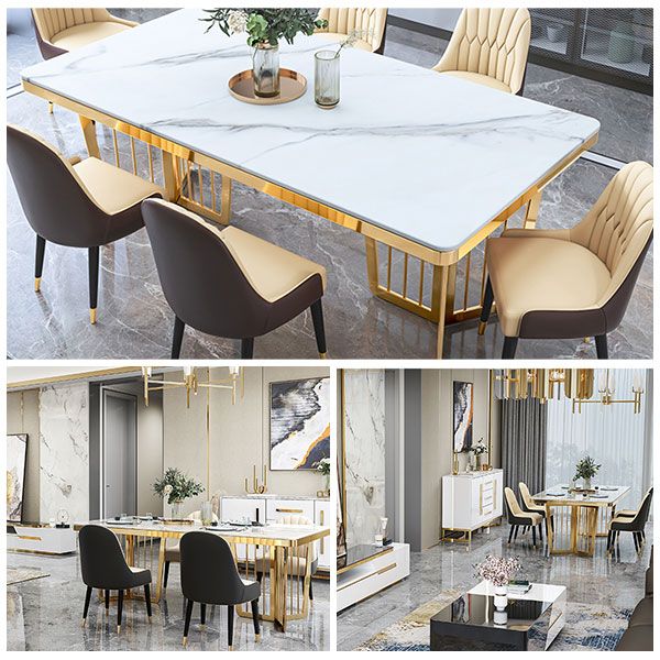 Traditional Luxury Style Dining Table Rectangle Sintered Stone Table with Gold Frame
