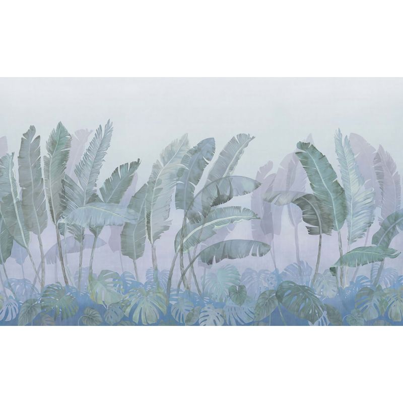 Full Size Banana Leaves Mural Wallpaper Tropical Foggy Landscape Wall Art in Green