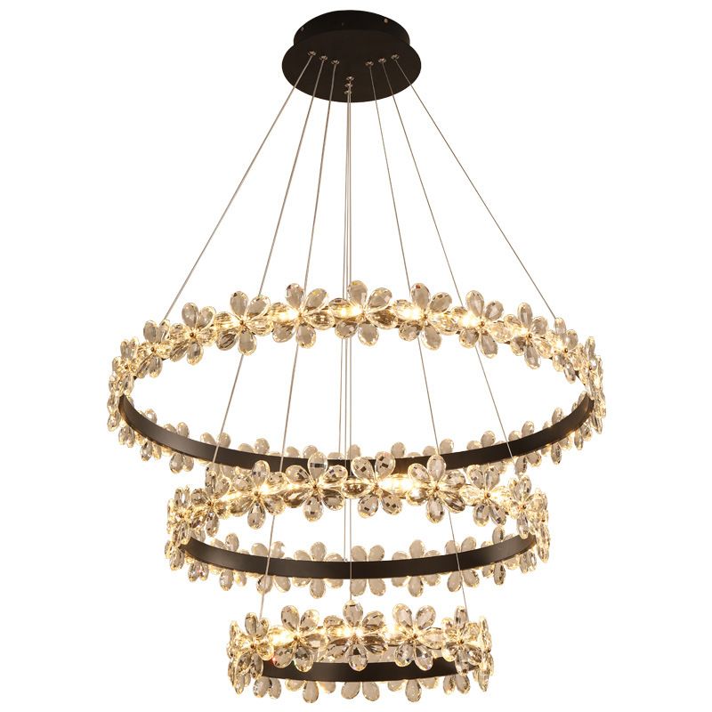 Ultra-modern Circle Hanging Chandelier Clear Crystal Hanging Lamp with Flower Decoration for Restaurant