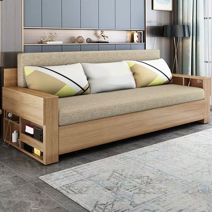 Contemporary Futon Sofa Bed Square Arms Cushion Back with Storage Yellow Fabric