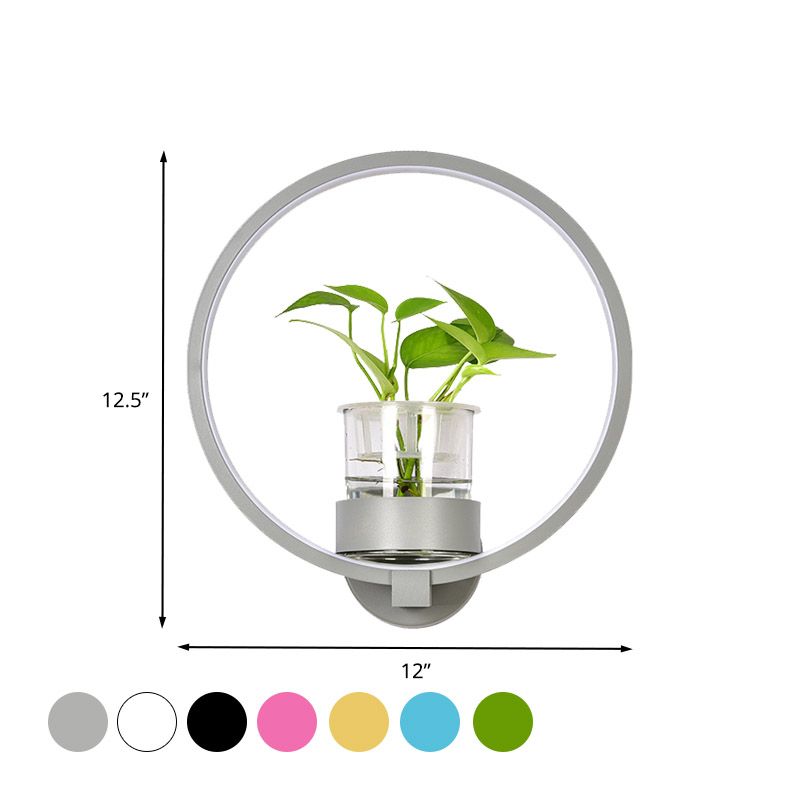 1 Head Metal Sconce Lighting Fixture Antique Black/Grey/White Circular Bedroom Wall Mount Light with Plant Cup
