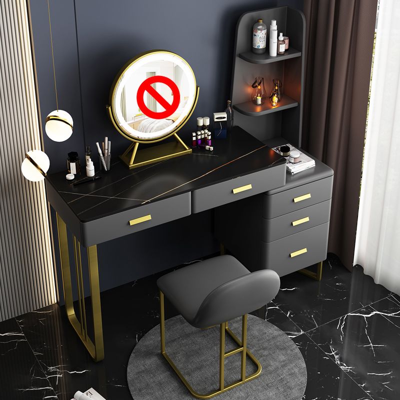 5 Wood Drawers Vanity Set with Stool in Grey Stone Top Dressing Table