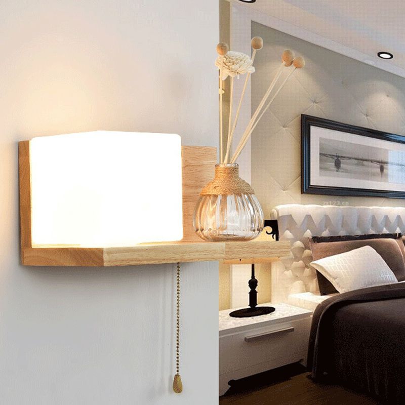 Japanese Wood Wall Light Cube 12" Wide Wall Sconce with Pull Switch for Bedroom