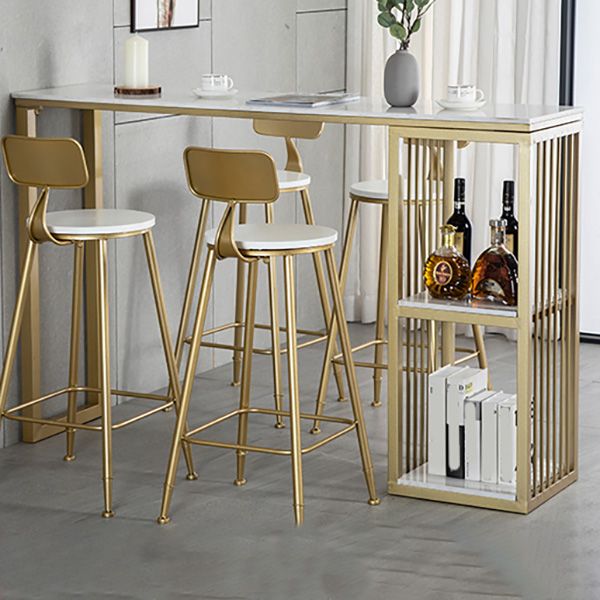 White Rectangle Faux Marble Top Bar Table Industrial Double Pedestal with Shelves