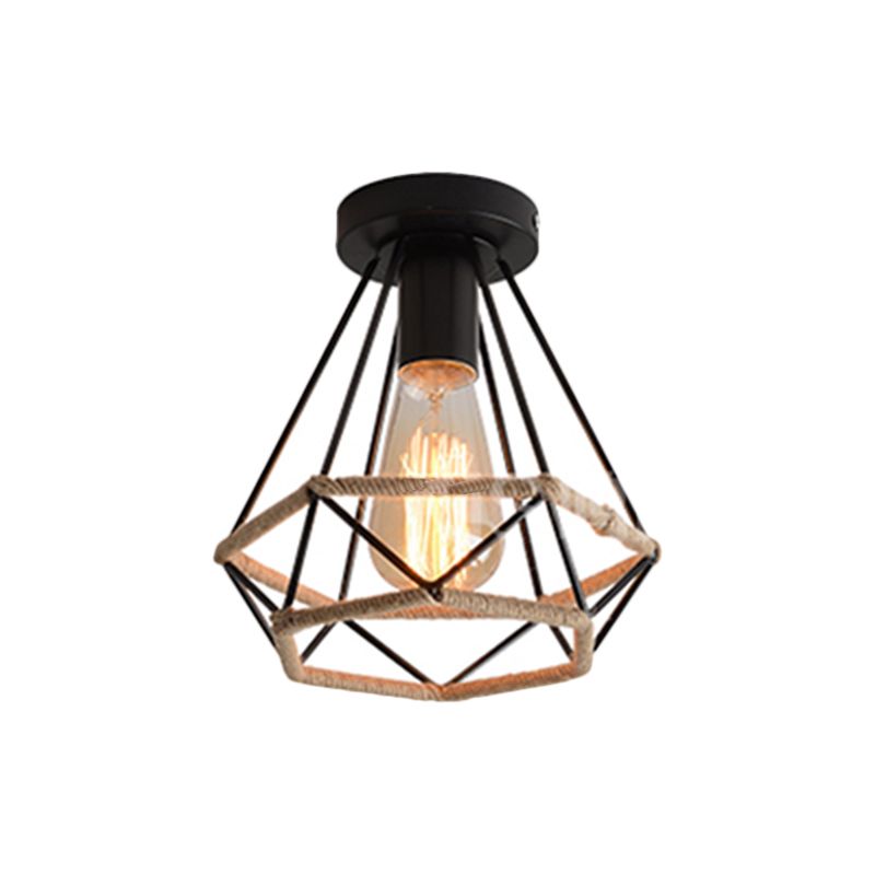 Zwart 1-lamp semi-inbouwlamp Lodge-stijl metaal en touw Globe/Diamant kooi-plafondarmatuur voor gang
