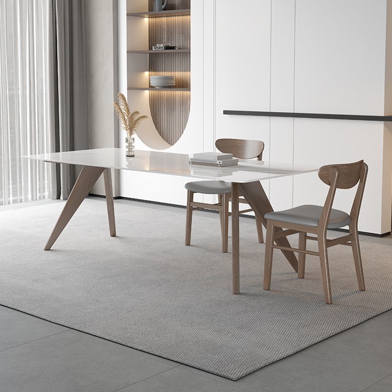 Modern Sintered Stone White Table Dining Table with Wooden Base and 4 Legs
