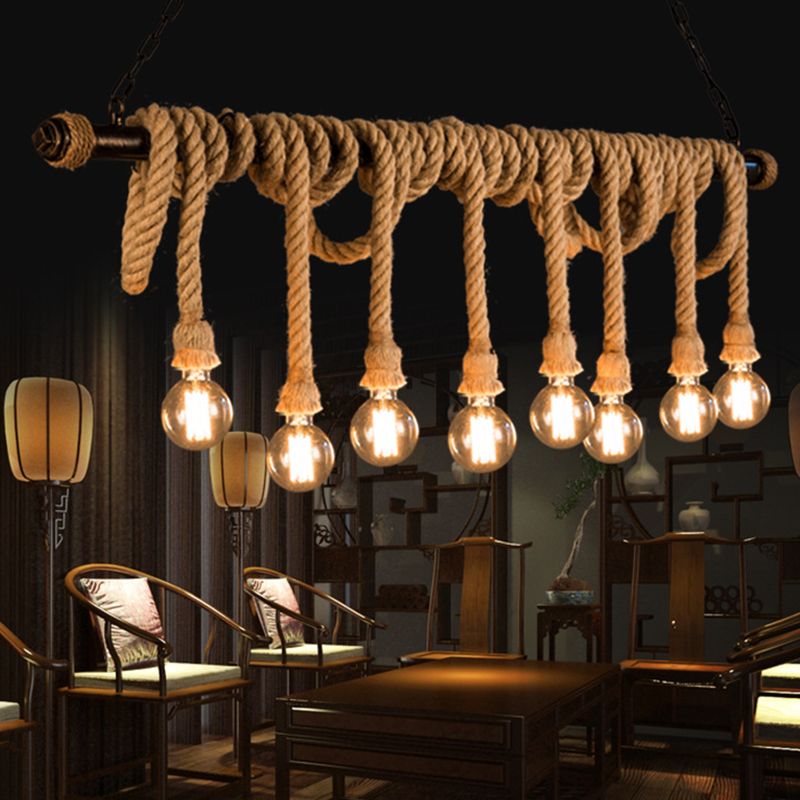 Farmhouse Dining Room Lighting Exposed Bulb Island Lamp with Rope