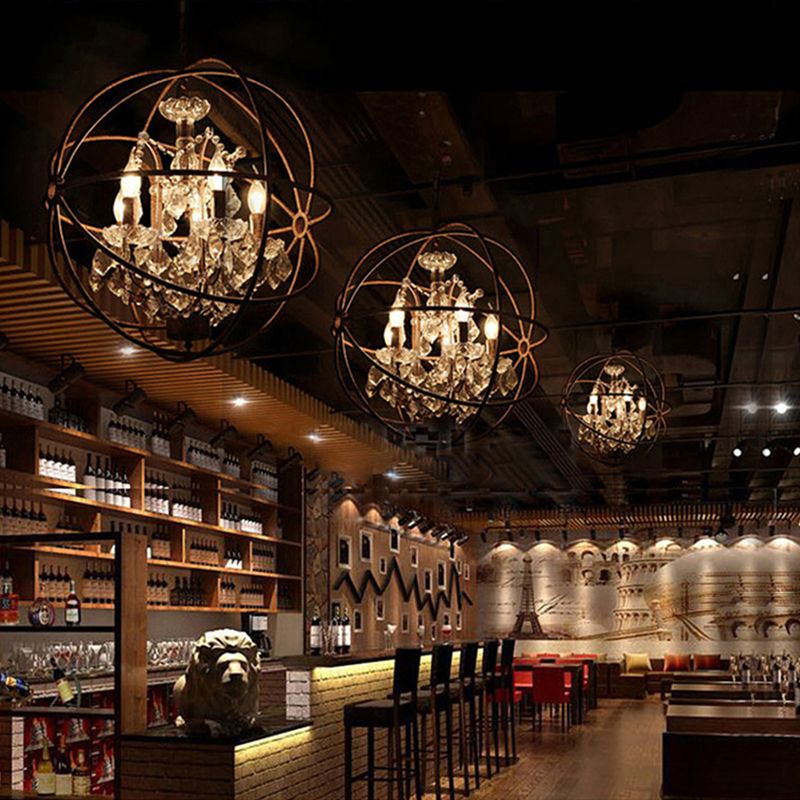 Wrought Iron Spherical Chandelier Pendant Rustic 4-Light Restaurant Hanging Light with Crystal Deco