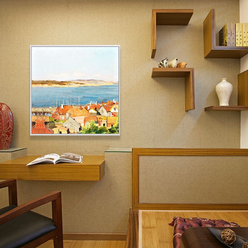 Oil Painting Rustic Canvas Wall Art with Houses on the River Scenery, Yellow-Orange