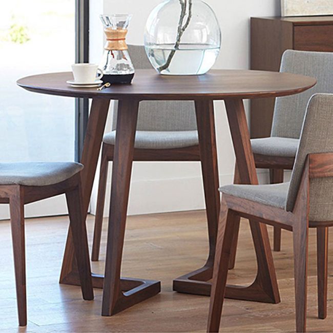 Round Casual Dining Table Brown Tone Fixed Table with Double Pedestal Base