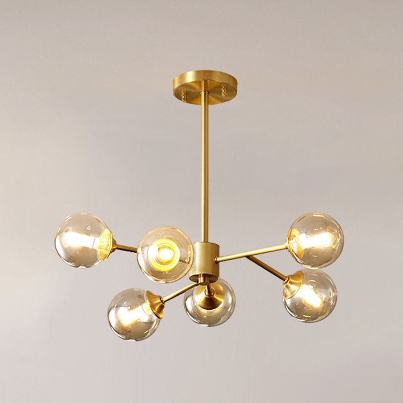 Post-Modern Metal Hanging Chandelier Light Amber Glass Shade Ceiling Chandelier in Gold for Bedroom