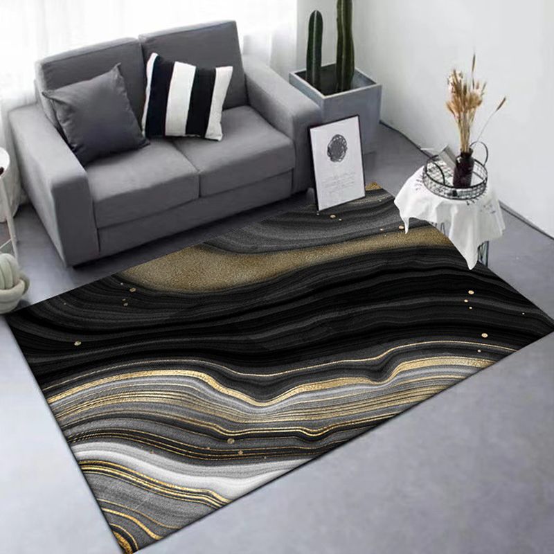 Simple Swirl Striped Pattern Rug Black Nordic Rug Polyester Washable Non-Slip Pet Friendly Carpet for Living Room