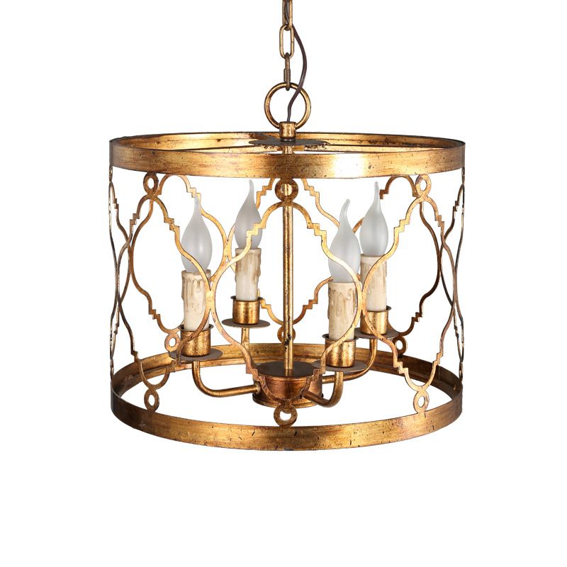 Metal Drum Shade Chandelier Lamp Retro 4-Head Bedroom Pendant Ceiling Light in Gold