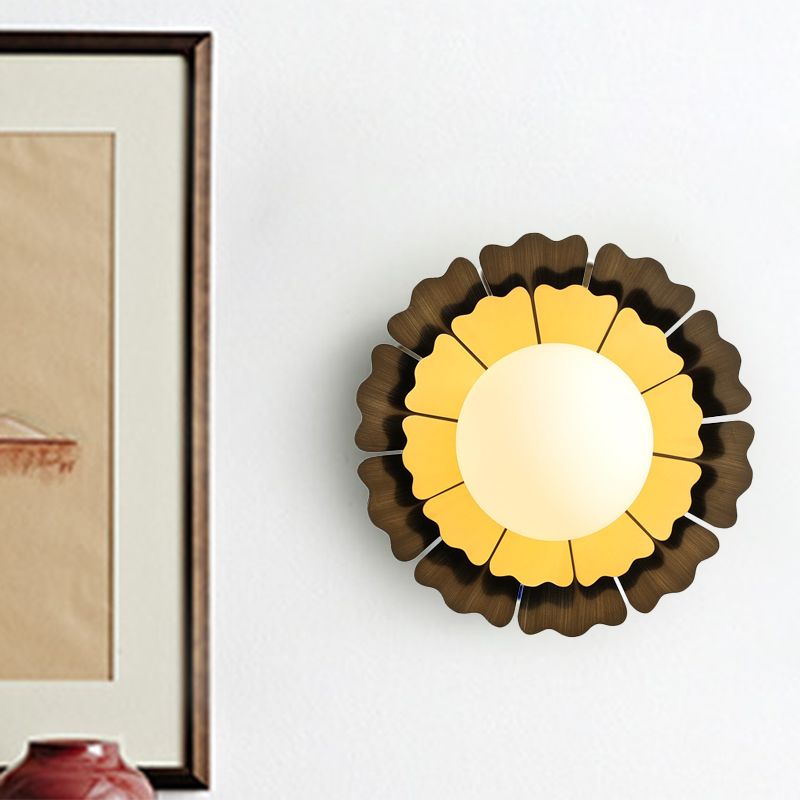 Macaron Sunflower Sconce Light Metallic 1-Light Yellow Wall Mount Lamp with Matte White Glass Ball