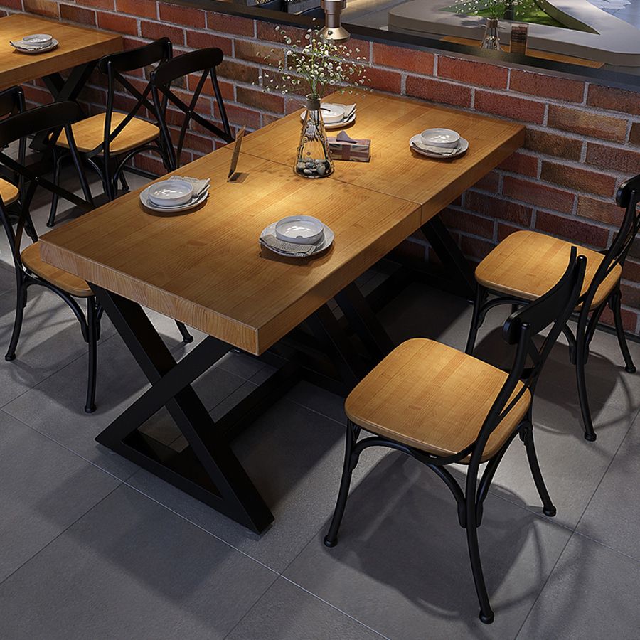 Industrial Wood Dining Table for Restaurant Square Table with Trestle Base