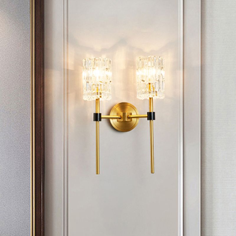 Clear Carved Glass Cylindrical Wall Light Postmodern Gold Finish Wall Sconce for Living Room