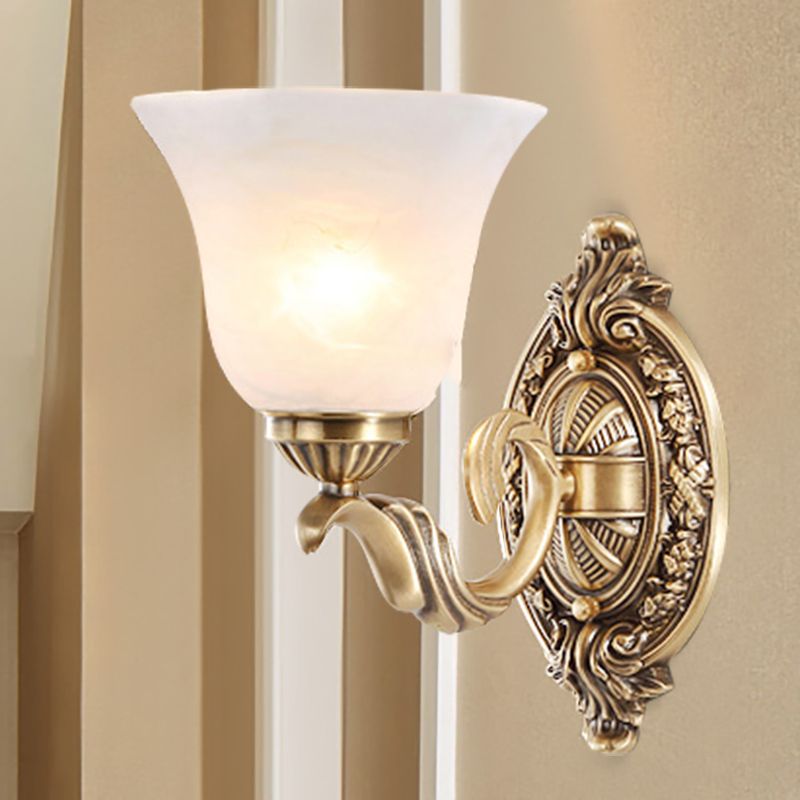 Floral Stairway Wall Sconce Vintage Style Metal 1 Light Gold Wall Mount Lamp with Opal Glass Shade
