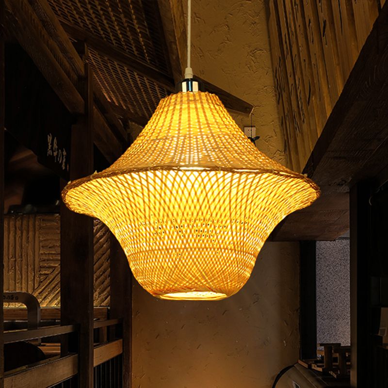 Hand-Woven Pendant Lighting Chinese Bamboo 1 Bulb Ceiling Suspension Lamp in Beige