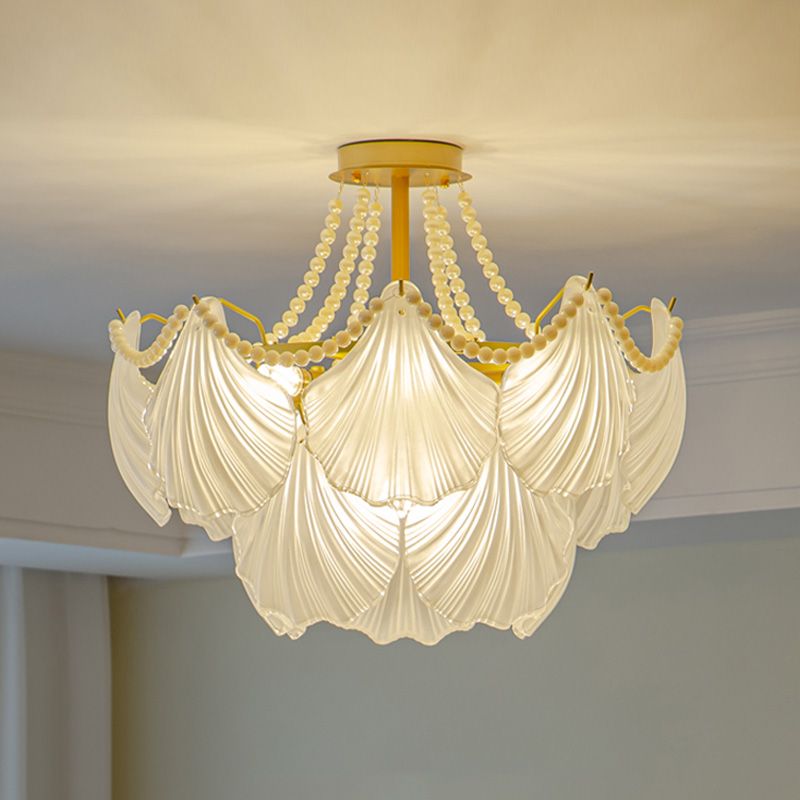 Nordic Shell Shape Chandelier Glass Multi Light Hanging Light in White for Bedroom