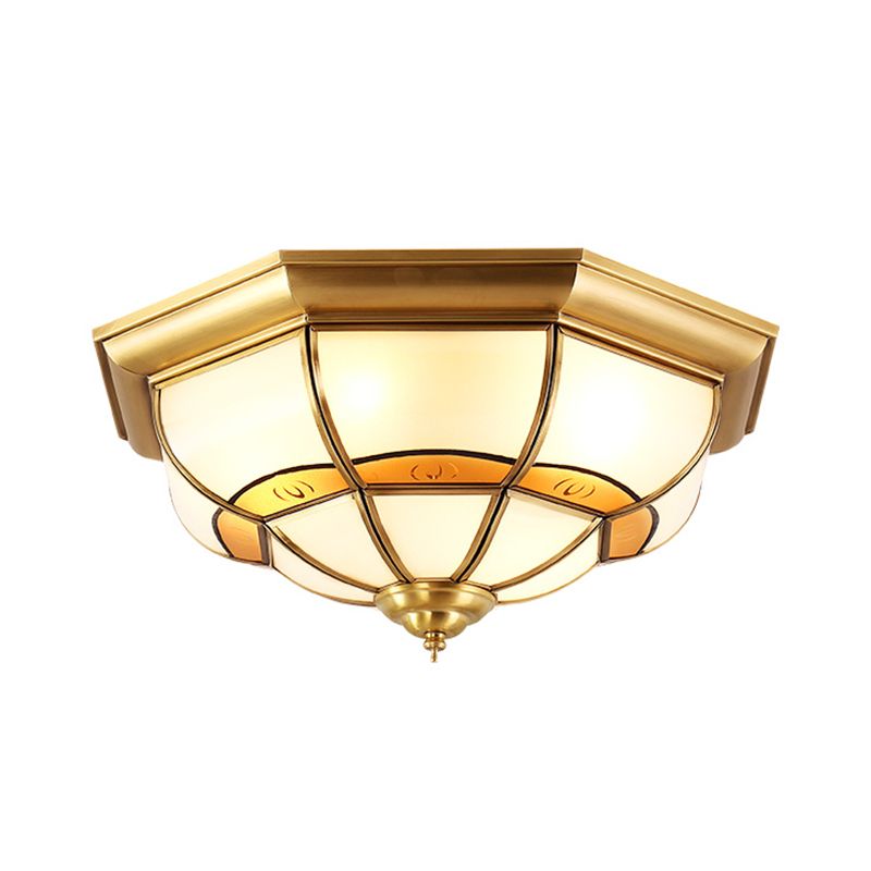 3/4/6 Lights Octagonal Flush Light Vintage Brass Frosted Glass Panel Small/Medium/Large Ceiling Lamp