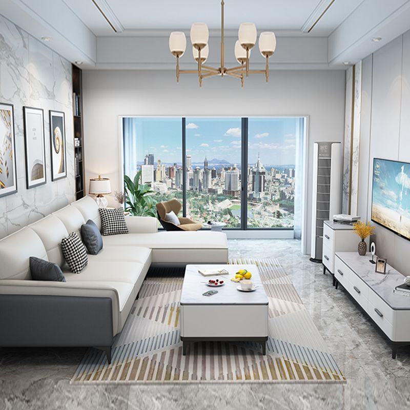 Faux Leather Pillow Back Sectional Sofa Flared Arm Sofa & Chaise