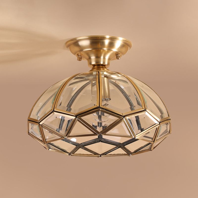 Plafonnier à 1 lumière pour salon colonial avec abat-jour en verre transparent doré