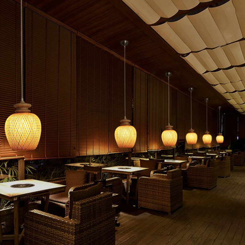 Éclairage de suspension en bambou Urne Traditionnaire 1 Bulbe Bois suspendu plafond plafond