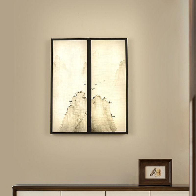 Hills Drawing Bedroom Wall Mural Light Fabric Asian 16"/35.5" W LED Sconce Lighting in Black