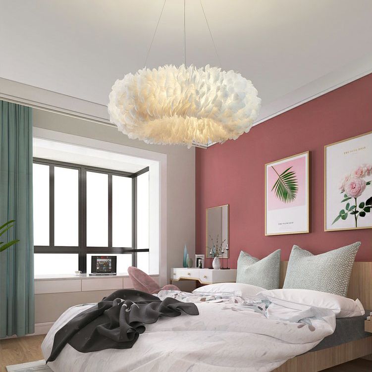 Feather Circle Chandelier Light Fixture Nordic Pendant Lighting Fixture in White