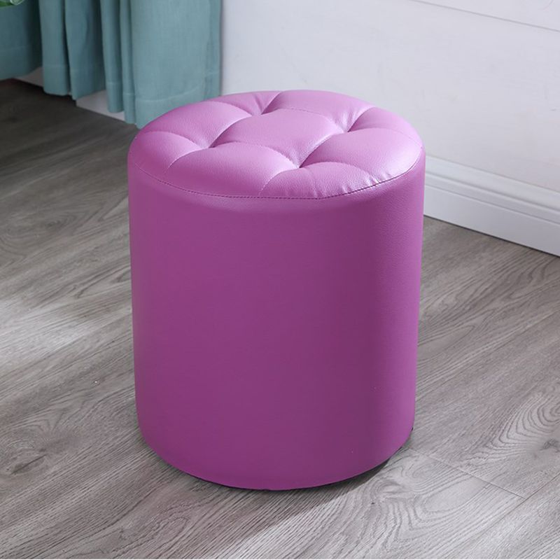 Modern Cylinder Shape Boucle Pouf Plain PU Leather Tufted Ottoman Footrest